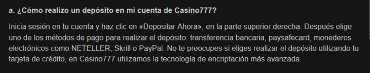 sección des preguntas de casino777 donde se habla de depósitos