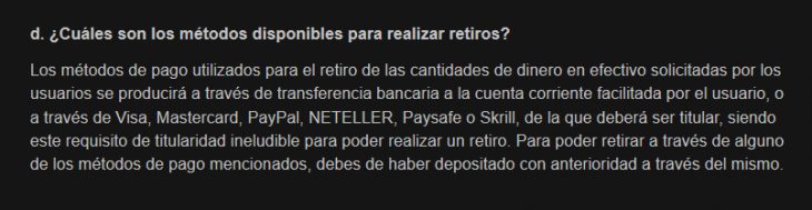 sección des preguntas de casino777 donde se habla de metodos de retiro