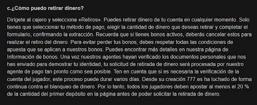 sección des preguntas del casino donde se habla de como retirar el dinero