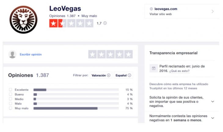 puntuación de leovegas en trustpilot