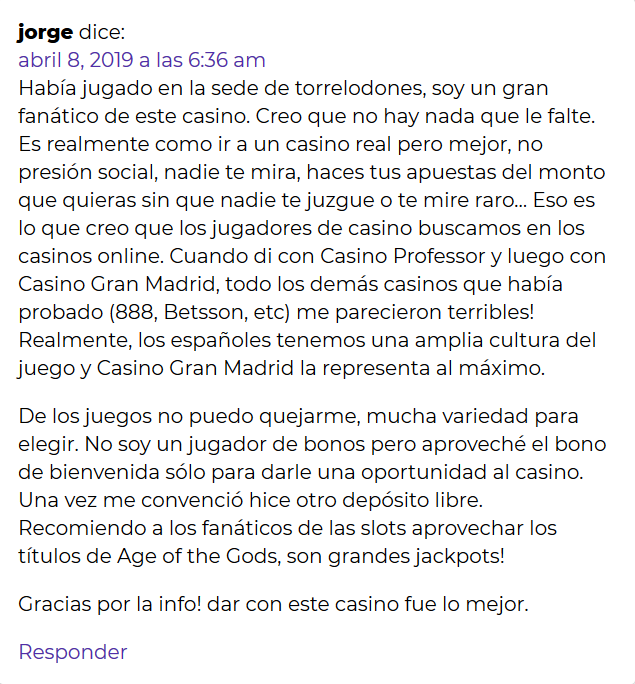 Opinión positiva de un usuario del casino