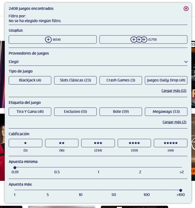 Filtros de búsqueda de juegos en PlayUZU