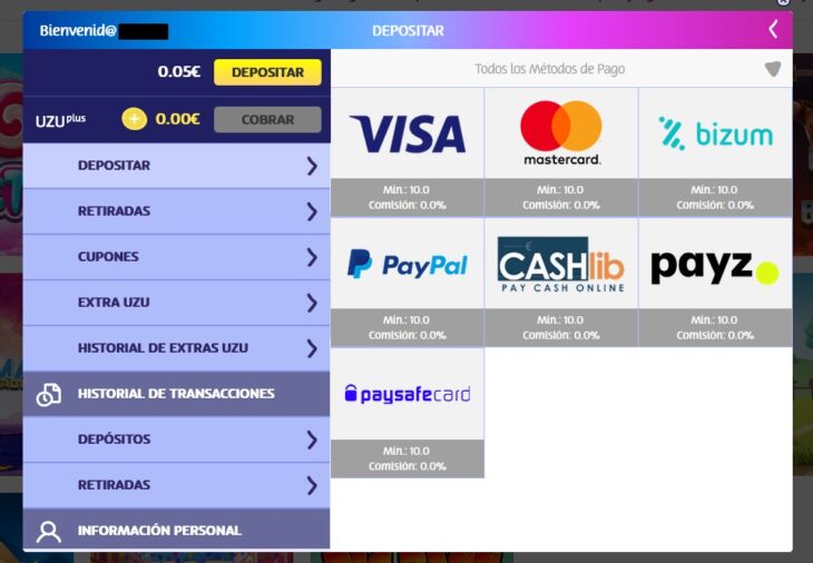 Métodos disponibles para depositar en PlayUZU