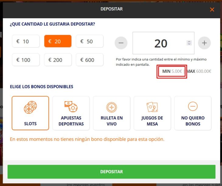 Depósito mínimo de 5 euros en Betsson