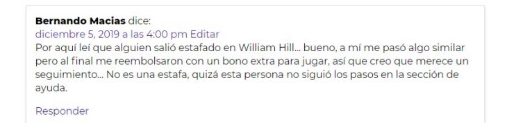 Una de las opiniones sobre William Hill