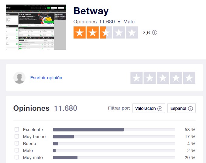 opiniones y valoración del casino online betway en trustpilot