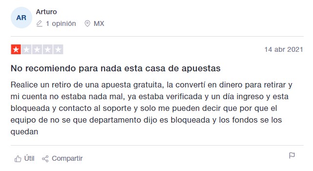 Opinión negativa de un jugador acerca de este casino en línea