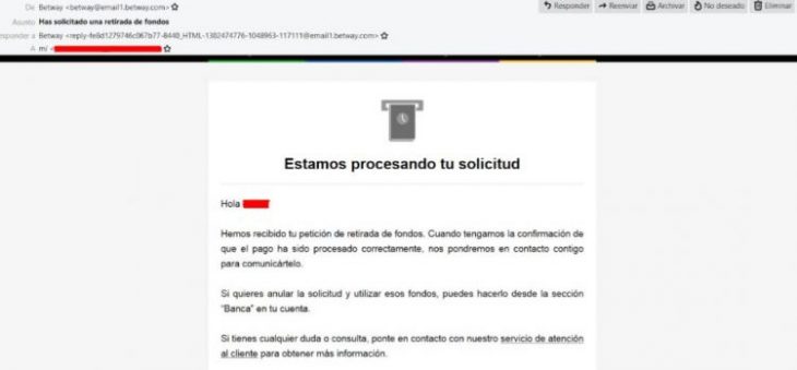 Mail de confirmación de proceso de retirada 