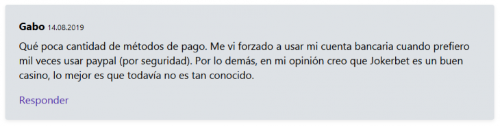 Comentario de un usuario descontento con el casino