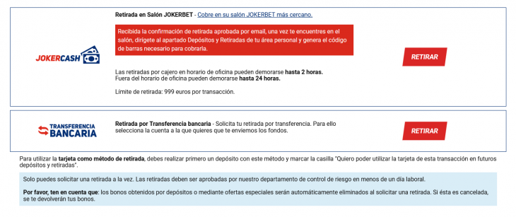 Explicación de los retiros y sus condiciones en Jokerbet