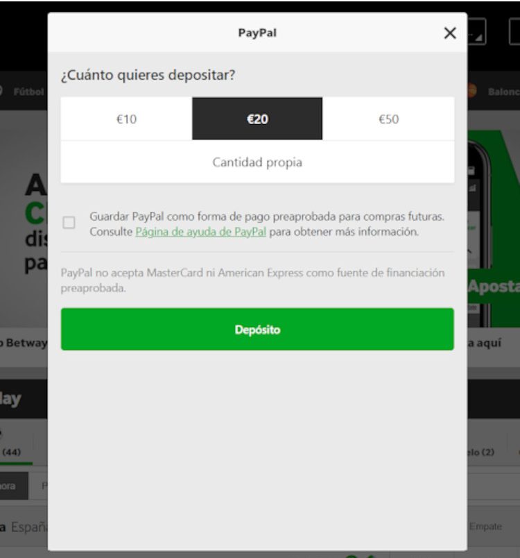 Depósito mínimo de 5 euros o menos en Betway