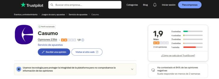 Opiniones de Casumo en Trustpilot