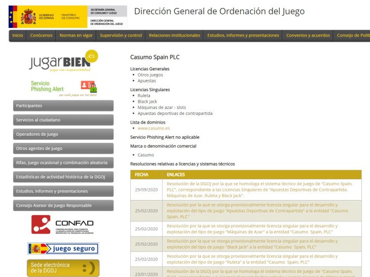 Licencia del casino casumo en la web de la dirección general del juego