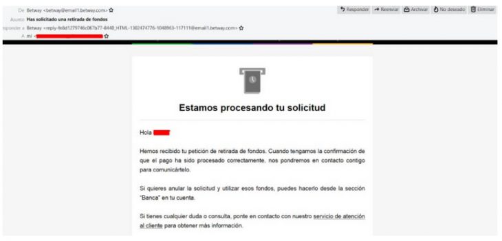 email de confirmación de proceso de retirada de un casino