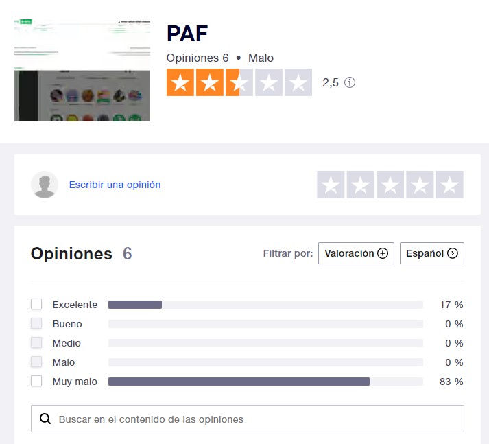 Opiniones y valoración del casino Paf en Trustpilot