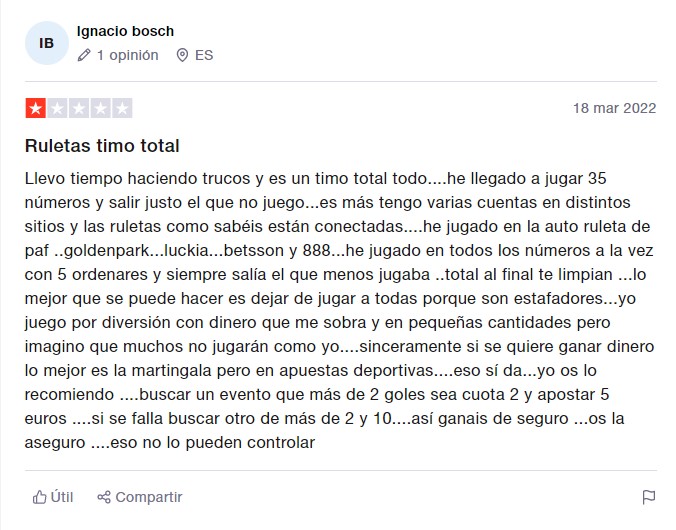 Comentario de un jugador descontento sobre las ruletas del casino