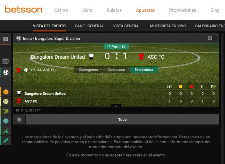 Ejemplo de una apuestas en directo en Betsson