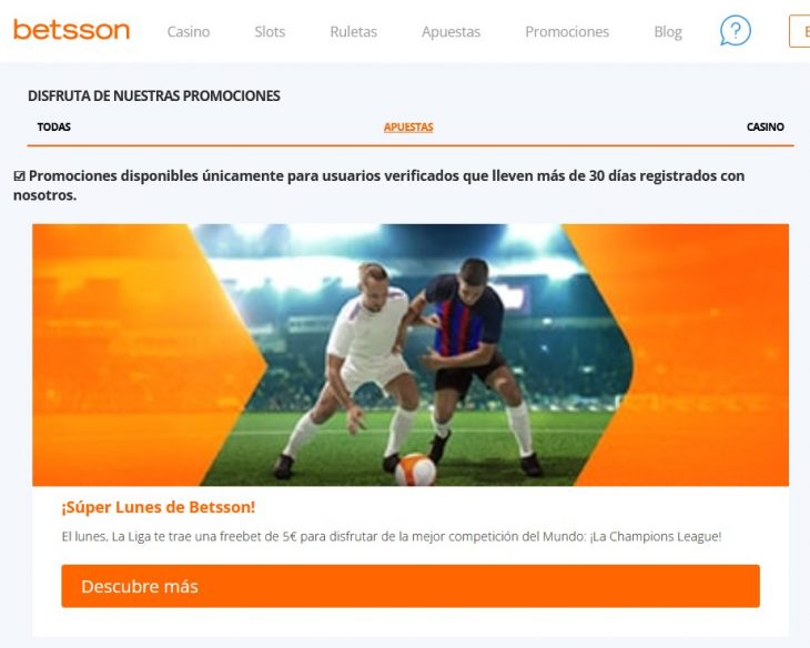 Sección de promociones disponibles en la web de Betsson