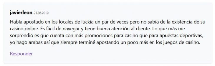 Opinión positiva de un jugador sobre Luckia