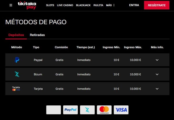 Métodos de pago disponibles en TikiTaka Play, con Bizum y PayPal