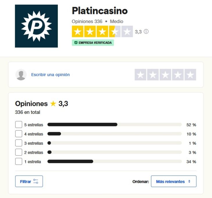 Trustpilot perfil Platincasino