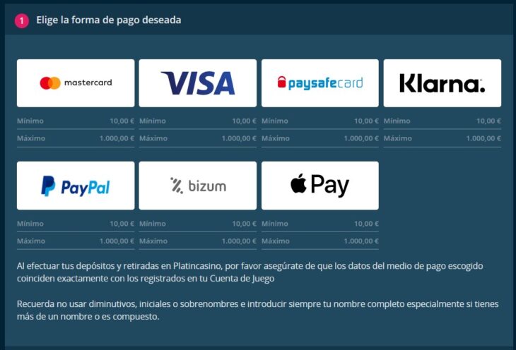 Opciones de depósito en Platincasino