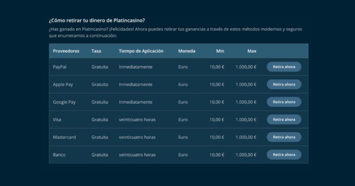 metodos de retirada en Platin casino
