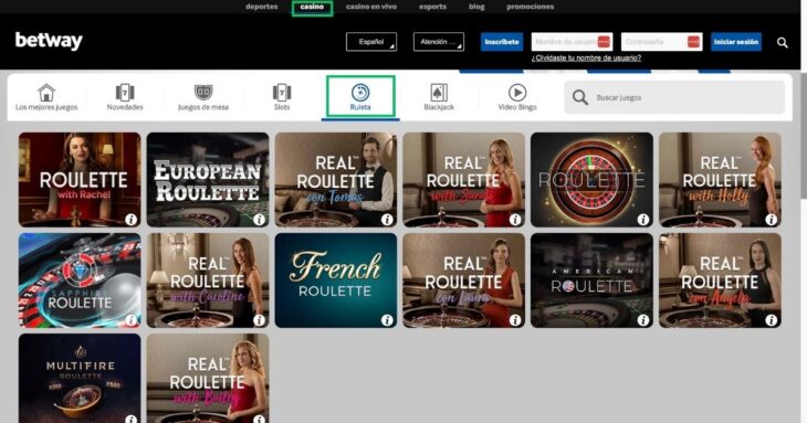 selección de ruletas en el casino con PayPal betway