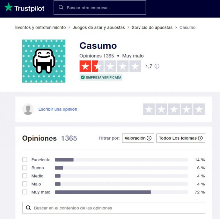 puntaje de un casino online en Trustpilot