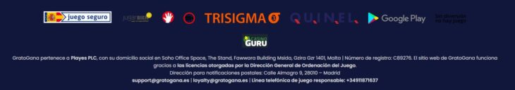 Parte inferior del sitio web de Gratogana con herramientas de juego seguro