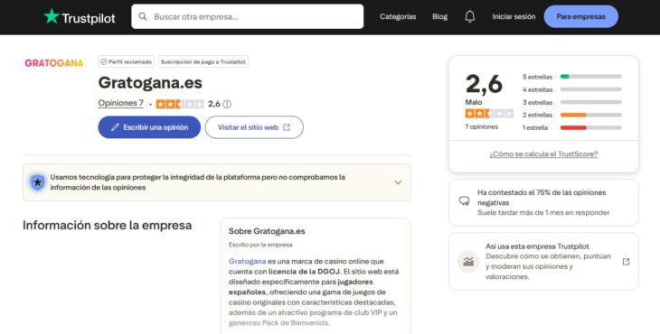 Las opiniones del casino Gratogana en la plataforma Trustpilot