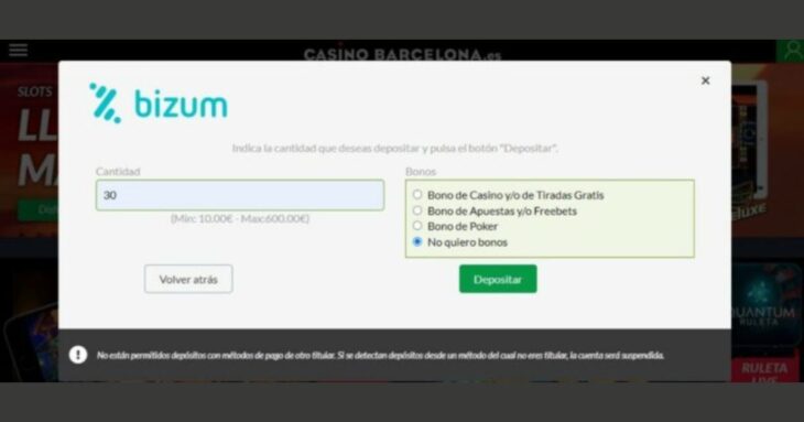 depósito de 30 euros con Bizum en Casino Barcelona