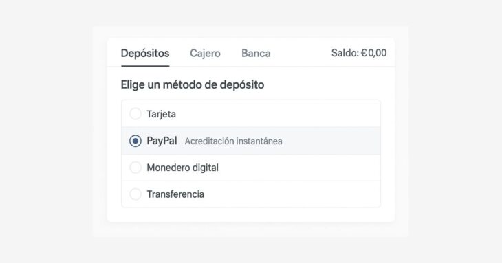 Selección de PayPal como método de depósito
