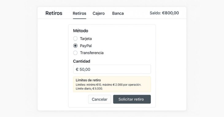 Formulario de retiro por PayPal con campo de cantidad y límites