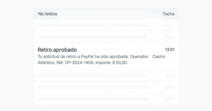 Notificación del casino confirmando aprobación del retiro