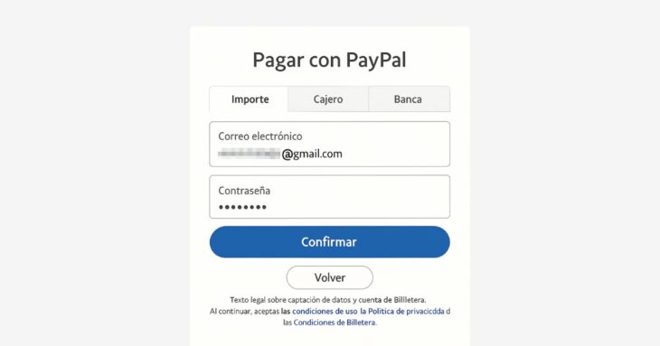 Inicio de sesión y confirmación de pago en PayPal