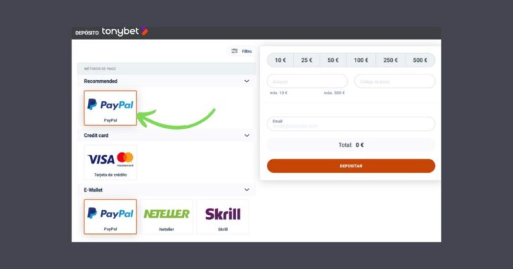 tonybet ofrece depósitos y retiros con PayPal