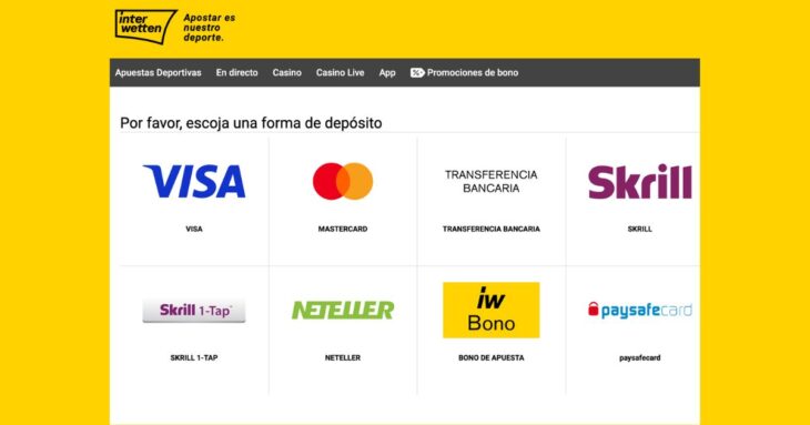métodos de pago disponibles en Interwetten